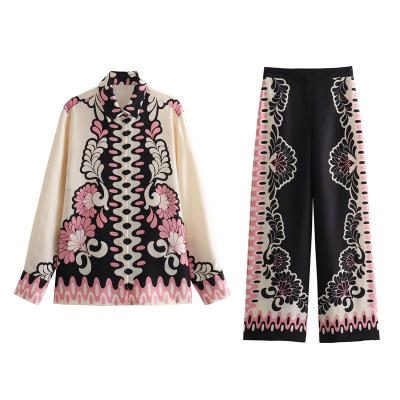 China Printed Loose Shirt Straight Printed Trouser Suit for Women for sale