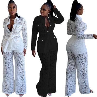 China Women′s Fall Fashion Crochet Lapel Long-Sleeved Pantsuit Top and Trousers Set for sale