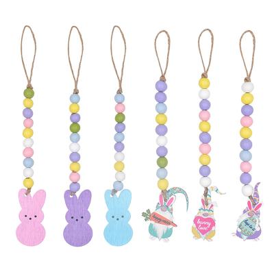 China 6 Pcs Rustic Wooden Bead Garland Easter Hanging Ornaments with Rustic Canvas Tassels and Bunny Tag Beads Pendant for sale