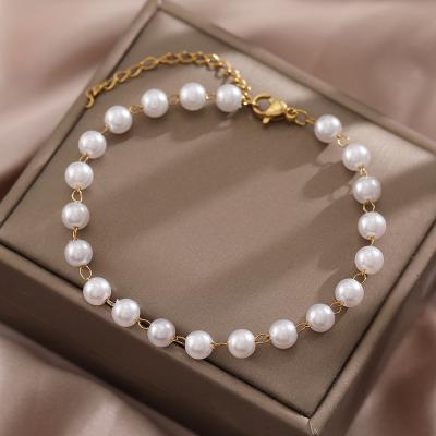 China Lead Free Nickel Free Korean Luxury Sensitive Pearl Fashion Bracelets Stainless Steel Chain Bracelet Light For Women Jewelry Party Kpop Girls Gifts for sale