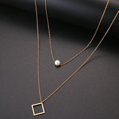 China Fashion Double Layer Square Pearl Necklace Accessories Women Jewelry Valentine's Day Stainless Steel Jewelry Lead Free Nickel Free Necklaces for sale