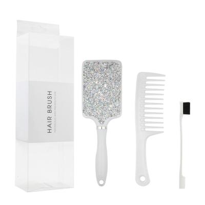 China Custom Made Girls Hair Comb 3pcs Diamond Detangling Hair Brush Set Bling Bling Air Cushion Massage Comb With Wide Tooth Comb Edge Brushes for sale