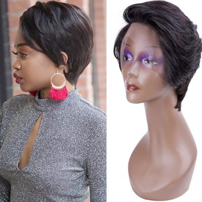 China Wholesale Length Unprocessed Human Natural Swiss Black Lace Wig Short Color Pixie Curl Virgin Hair Virgin Hair Wig for sale