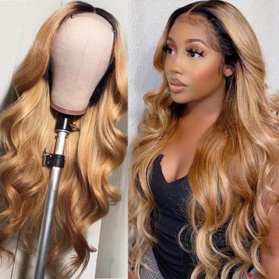 China Body Wave 26 Inch 12a Honey Blonde Pre Plucked Hair Full Lace Wig, Ombre Color 1B/27 Lace Front Human Hair Wigs For Women for sale