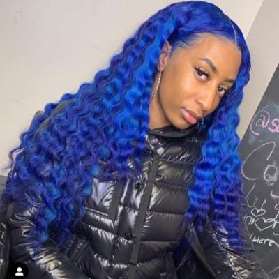 China Curly Blue Kinky Curly Hair Color Long Curly Full Lace Wig, Accent Blue Color Deep Wave Curly Lace Closure Wig for sale