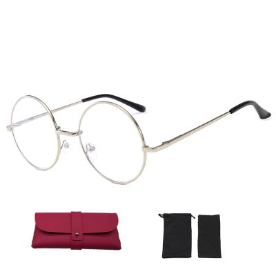 China Retro Metal Classic Unique Round Frame Microfiber Pocket Cleaning Cloth Set Soft Leather Spring Hinge Anti Blue Light Glasses for sale