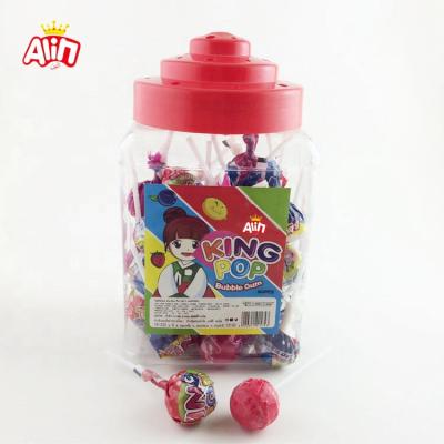 China Full Size Display Bottle With Round Fruity Filled Bubble Gum Hard Candy Lollipop for sale