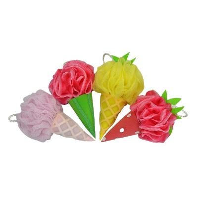 China EXFOLIATE 2021 New Design Ice Cream Pattern Fruit Shape Individual Mesh Sponge Colorful Body Shower Lily Puff Loofah for sale