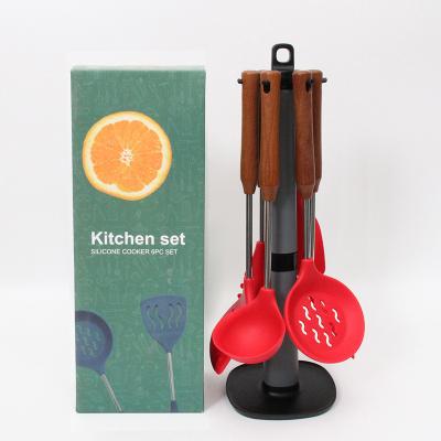 China 7 Pcs Disposable Silicone Kitchen Set With Wooden Handle Cooking Tools Food Grade High Quality Silicone Amazon Hot Selling for sale