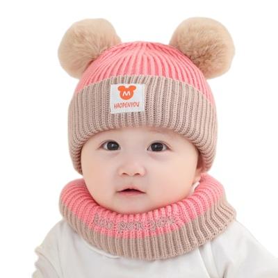 China Manufacturers wholesale cute baby boys and girls fashion autumn and winter mixed color knitted bib two in one baby hat for sale