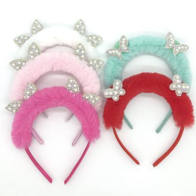 China Multicolor Plush Diamond Pearl Butterfly Bow Hairband Various Fashion Styles Girls Cute Kids Headband for sale