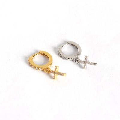 China TRENDY 925 Sterling Silver Gold Circle Zircon Cross Stud Earrings For Girls Mens for sale