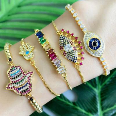 China CLASSIC Hand of Fatima Hand of Fatima Bracelets Rainbow Rhinestone CZ Diamond Rhinestone Evil Eye Bracelet Brass Adjustable Jewelry for sale