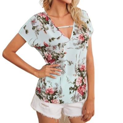 China Spring and summer new fashion European and American women's tops Anti-wrinkle printing loose v-neck pocket T-shirt short-sleeved women for sale