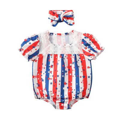 China Breathable Newborn Baby Romper + Bow Headband, Lace Collar Independence Day Theme Summer HH Striped Print Clothes for sale