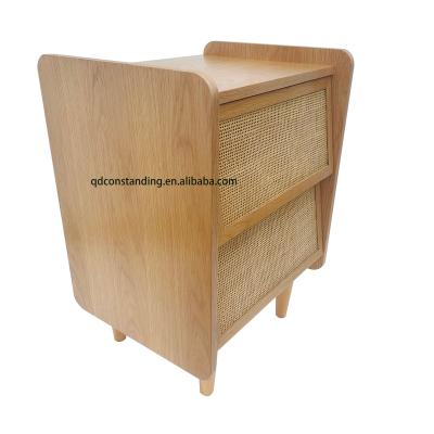 China (Other) Small Adjustable Nordic Style Modern Wooden Cane Rattan Oak Veneered Night Stand End Bedside Table Cabinet With Two Or Three Drawer for sale