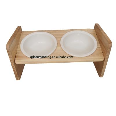 China Morden Manufacturer Wholesale Cute Amazon Hot Selling Wooden Ceramic Pet Bowl Dual Portable Feeders for sale