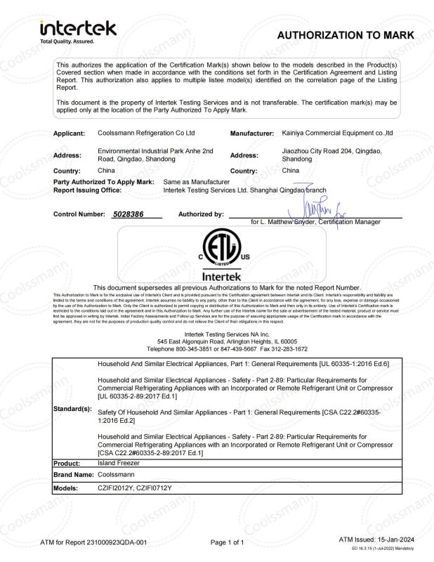 ETL - Coolssmann Refrigeration Co.,Ltd.