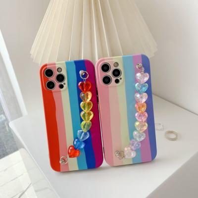 China Fashion Rainbow Silicone Strap Shockproof Phone Case For iPhone 13promax Camera Lens Protective Phone Shockproof Case for sale