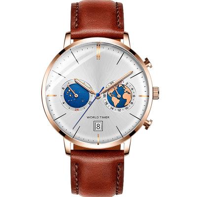 China Full Calendar Brand Moon Phase Brown Stainless Steel Luxury Custom Waterproof Leather Automatic Wrist Watch Men for sale