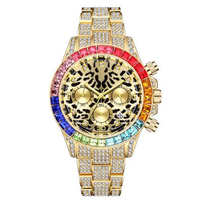 China Custom Wrist Watches Full Diamond Gold Men Jewelry Watch Leopard Logo Auto Date for sale