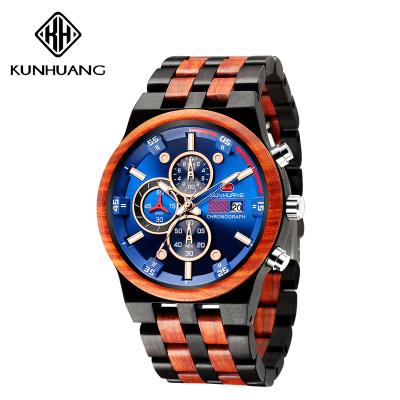 China New Trend Fashion Date Quartz Wood Watches Multifunction Wooden Case Mens Automatic Wrist Chronograph Watch for sale