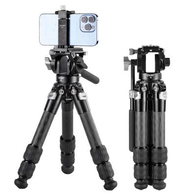 China PORTABLE Light Weight Carbon Fiber Cayer Mini Tripod Portable Desktop with Liquid Head Flexible Mobile Cell Phone Tripod Video Holder for sale