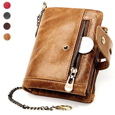 China Stylish RFID Men's Wallet Genuine Leather RFID Blocking Slim Business Coin Bifold Purse With Key Chain for sale