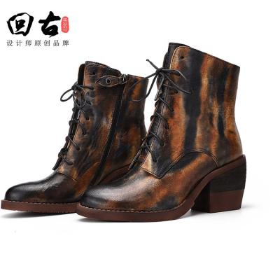 China Anti-Smell Fashion Colorful Totem Genuine Leather Comfy Platform Lace Up Ankle Boot Shoe For Woman Lady Girl Autumn Winter for sale