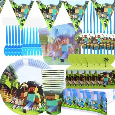 China 2022 Modern New My World Pixel Game Themed Birthday Party Decorated Paper Plate Paper Cup Hat Tablecloth Flag Set for sale