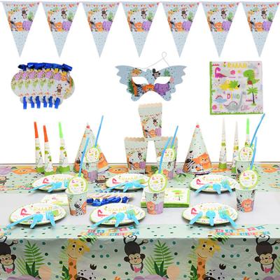 China Modern New Forest Jungle Zoo Children's Birthday Party Supplies Tableware Paper Cup Paper Plate Set Disposable Tableware Set for sale