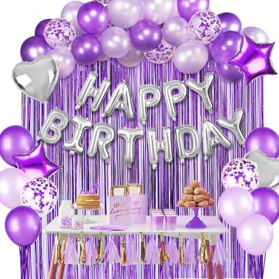 China New Fashion Purple Birthday Party Supplies Happy Birthday Ribbon Foil Balloon Banner Foil Curtain Birthday Party Decoration Set for sale