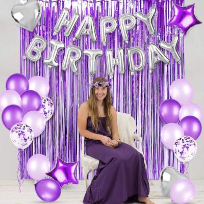 China Wholesale Fashion Birthday Party Decoration Balloon Set Rain Purple Curtain Balloon Happy Birthday Balloon Supplies Silver Set for sale