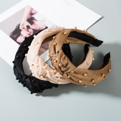 China Fashional Lady's Pretty Lady Wholesale Elegant Mesh Tie Fabric Pearl Bow Wide Hair Circle Knot Headband for sale