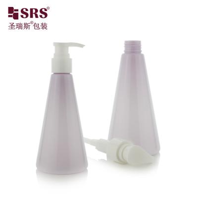 China Triangle Shape Luxury Injection Violet Plastic Pump Custom Color Lotion PET Bottle for sale