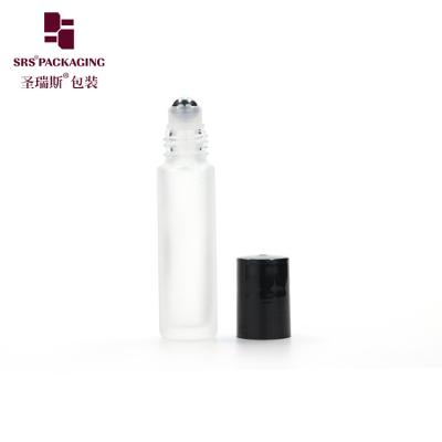 China stock quantity empty frosted glass roller essential oil bottle 10 ml with black plastic lid for sale