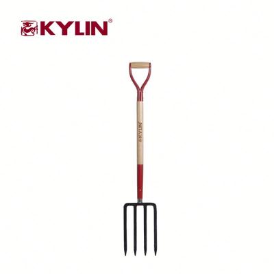 China Garden Rake Cheap Price 4 Teeth Rail Steel Fork With Wooden Handle for sale