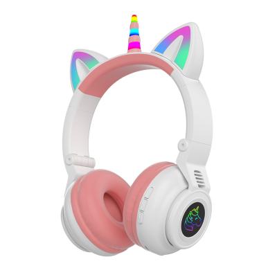 China Noise Canceling Pink Unicorn Earphones Kids With LED Wireless Glowing Earphone Cat Ears Bluetooths 3.5mm On Ear Audio Headset For Kids for sale