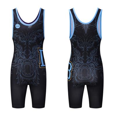 China Activity Sporting Dblue Men Body Performance Wrestling Suits Fully Sublimated Stretchable Material Wrestling Singlets for sale