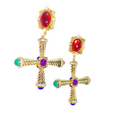 China Trendy Vintage Dangle Circle Earrings Zircon Chunky Jewelry Exaggerated Big Oversized Cross Cross Earring for sale