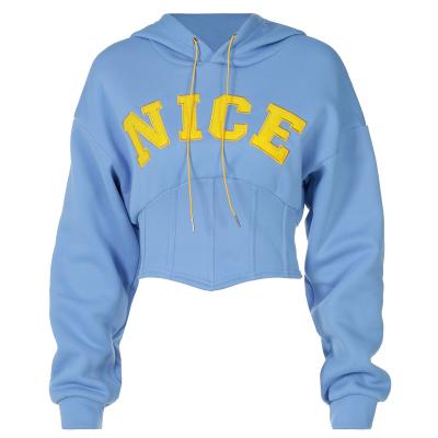 China Street Wear Casual QUICK DRY Sweater Embroidery Letter Lace Up Cropped Hoodie Sweatshirts Women Crop Top Hoodies for sale