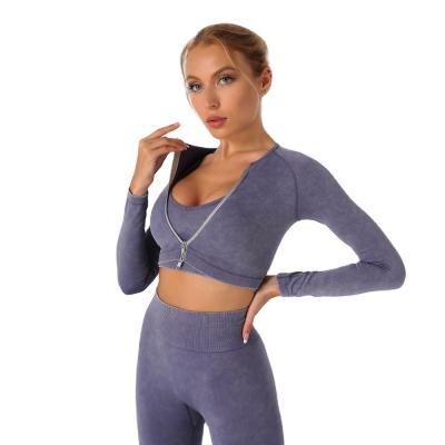 China Breathable Double Structure Zipper Gym Yoga Women Sets Acid Wash Seamless Gym Set Woman Long Sleeve Clothing Set for sale