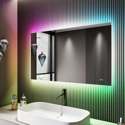 China OEM Lighted Wall Mounted Decor Mirror Smart RGB Color Changing LED Backlit Bathroom Makeup Mirror with Light and Demister for sale