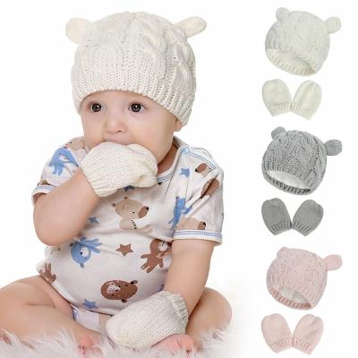 China New COMMON Winter Warm Baby Kids Girls Boys Knit Hat Ear Winter Hat And Gloves Set Solid Warm Cute for sale