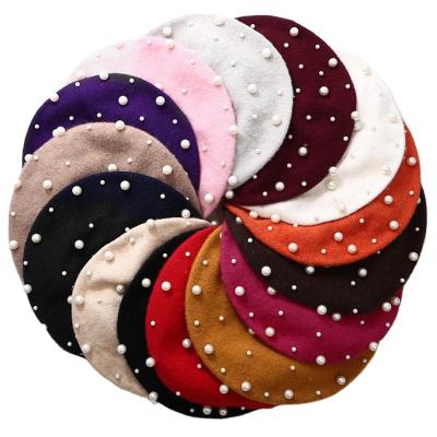 China Fashion\Comfortable\Durable Solid Color Faux Cashmere Pearl Beret Hats Autumn Winter Warm Painter Cap Women Fashion for sale