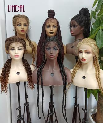 China LINDAL Braided Futura High Quality Braided Cornrows Synthetic Wig Long 32inch 4 Braid Synthetic Lace Front Hand Tied Braided Hair Wigs for sale