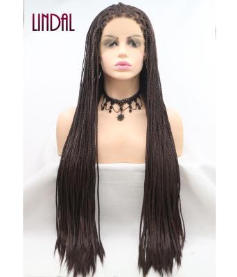 China LINDAL Hand Made Long Braid African Braided Lace Wig Dark Brown 24 Inch Cheap Wigs Braiding Synthetic Lace Front Wigs For Black Women for sale