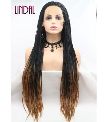 China LINDAL Long Long Big Braid Wigs Color Ombre Fiber Brown Twist Synthetic Lace Front Braiding Hair Wig for sale