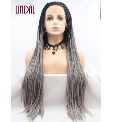 China Gray Braided Synthetic Lace Front 13*3 Long Braid LINDAL Quick Weave Ombre Braided Synthetic Wigs Large Braided Wig for sale