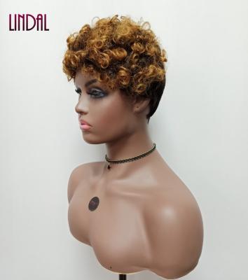 China LINDAL human pixie wig pixie bob wigs peruvian glueless brown curly libertine afro mongolian curly machine made curly ombre for sale